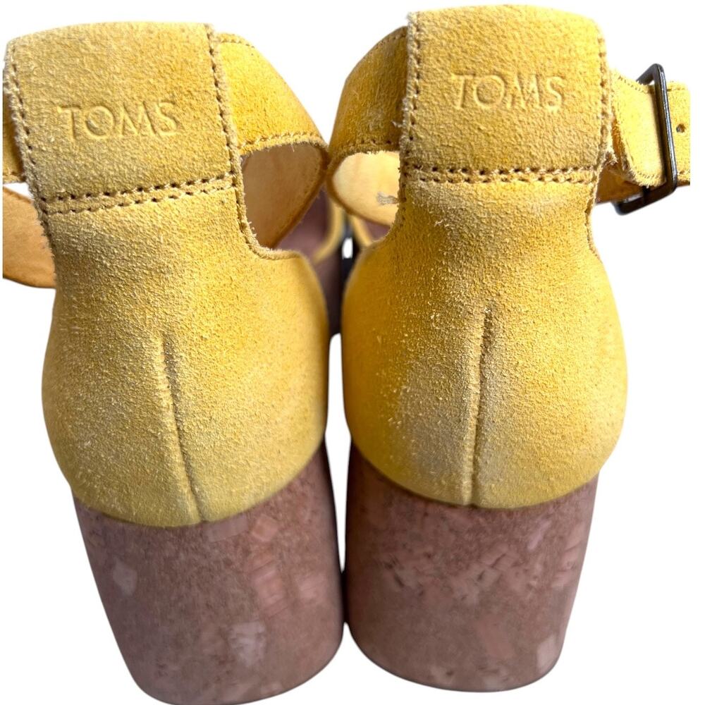 TOMS Laila Cork Platform Sandal in Yellow Suede Ankle Strap 3" Heel Womens Sz. 9 - Picture 14 of 16